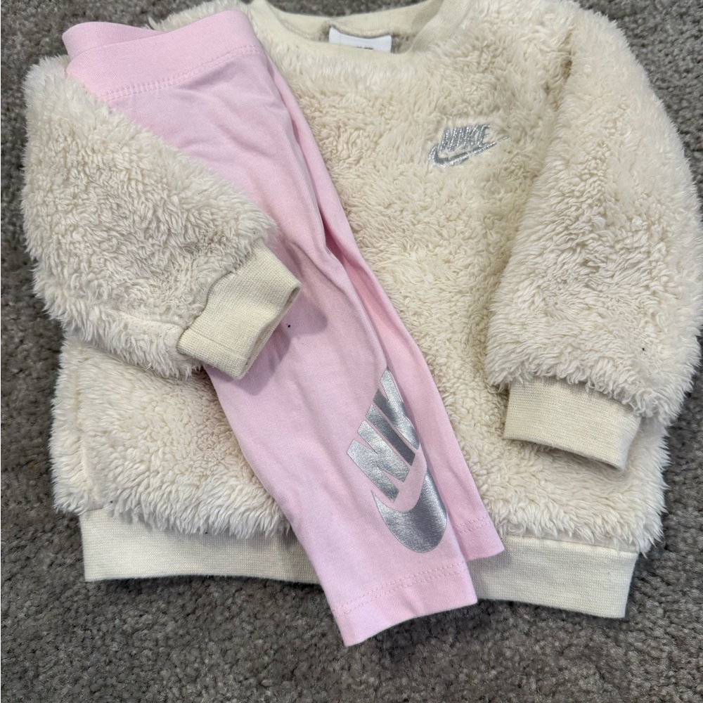 Nike Cream Fuzzy Sweater and Pink Leggings Set
